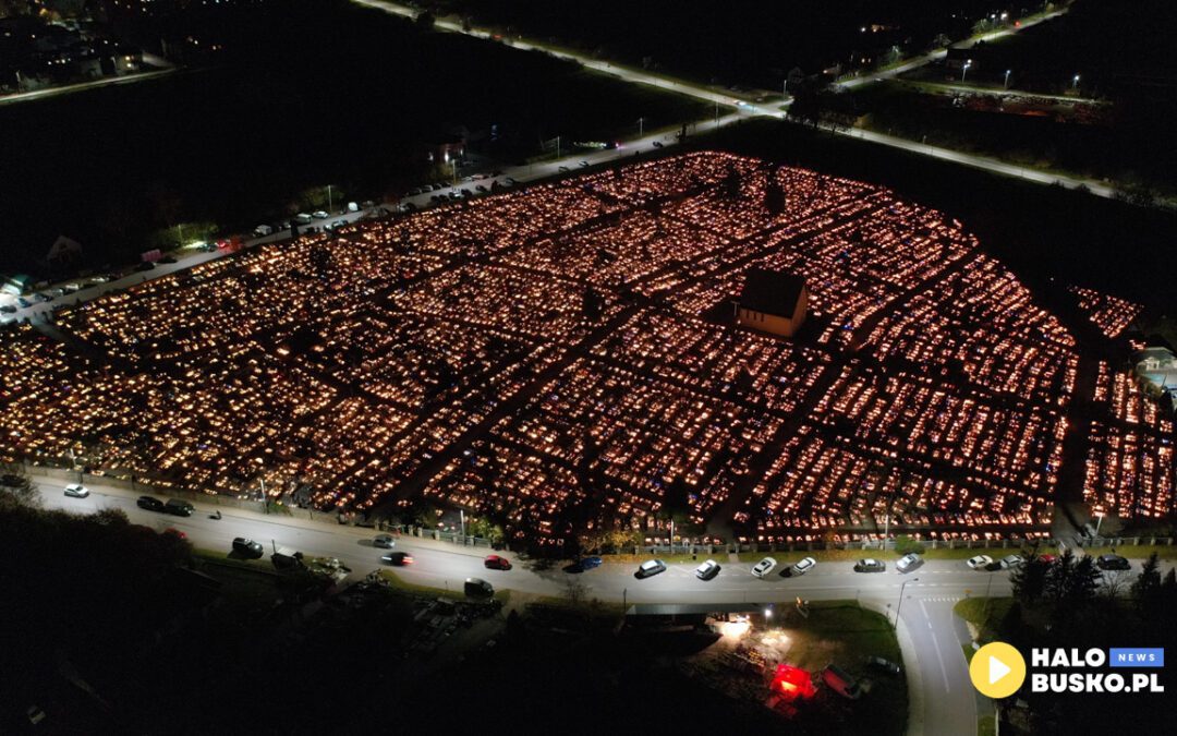 Niepowtarzalny widok buskiego cmentarza w Dniu Wszystkich Świętych – filmowa podróż nad miejscem spoczynku z lotu ptaka! [VIDEO]