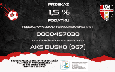 Wsparcie dla Stowarzyszenia AKS 1947 Busko Zdrój – Przypomnienie o 1,5% podatku na cele sportowe.