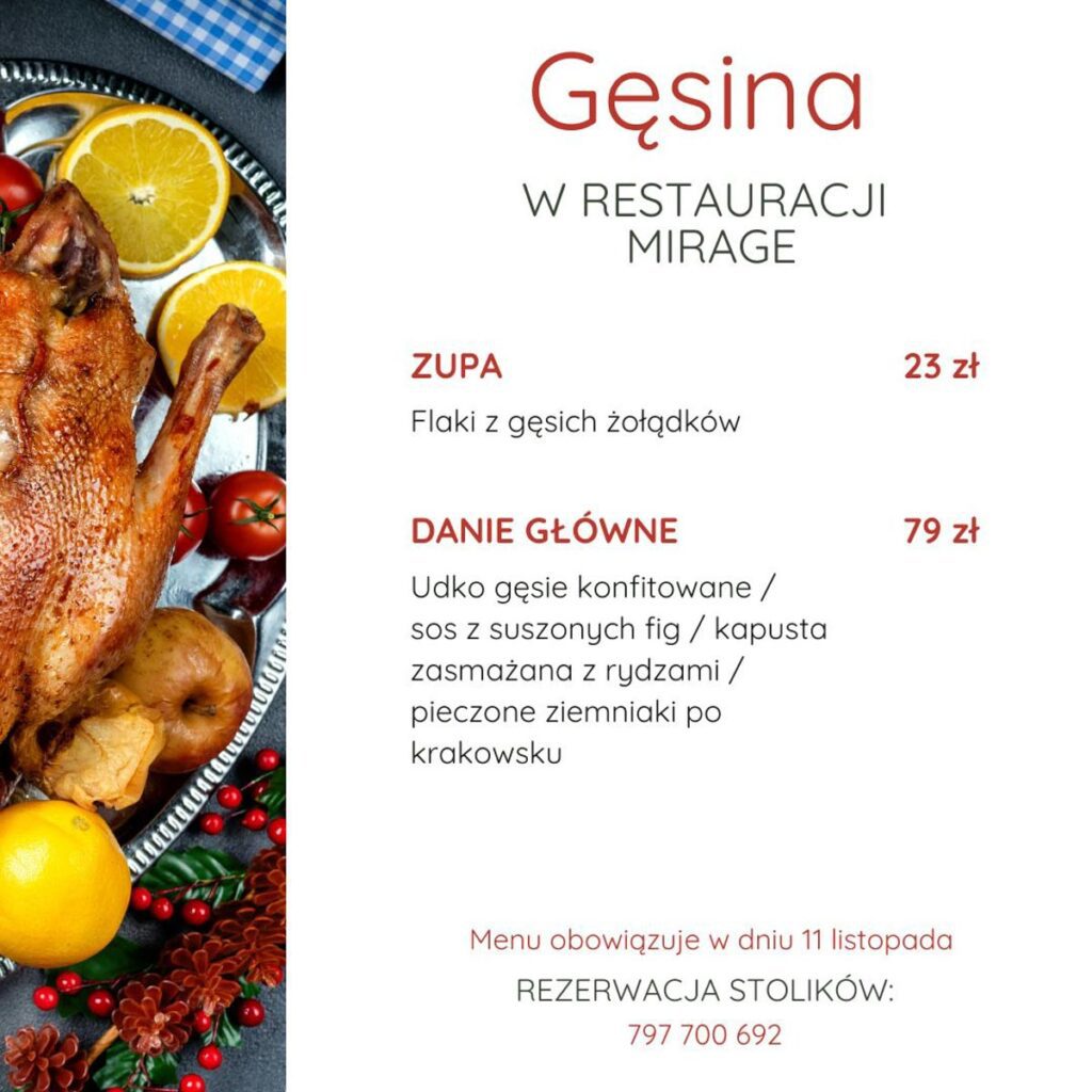 gęsina w restauracji mirage w konarach