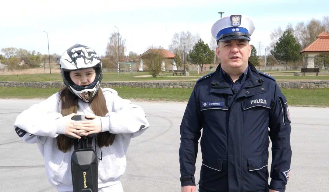Nowe przepisy dla hulajnóg elektrycznych – materiał edukacyjny z udziałem policji i mieszkanki Buska-Zdroju.
