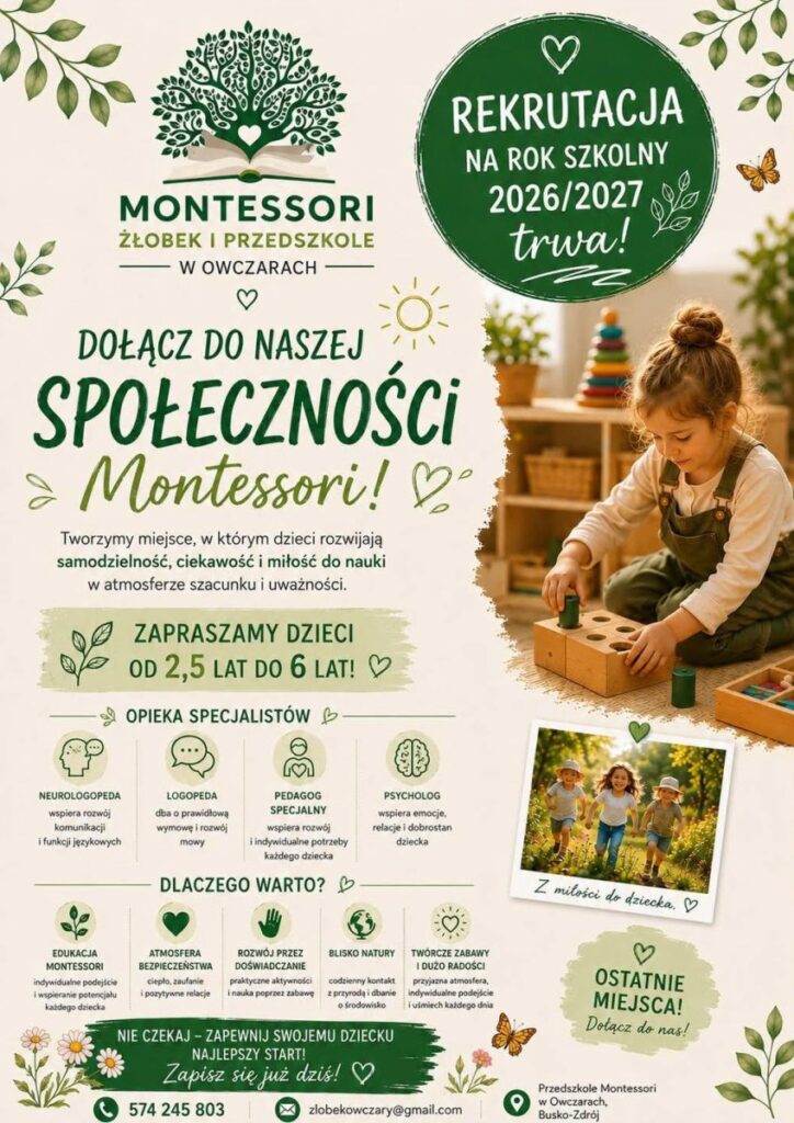 Rekrutacja do Przedszkola Montessori w Owczarach na rok szkolny 2026/2027