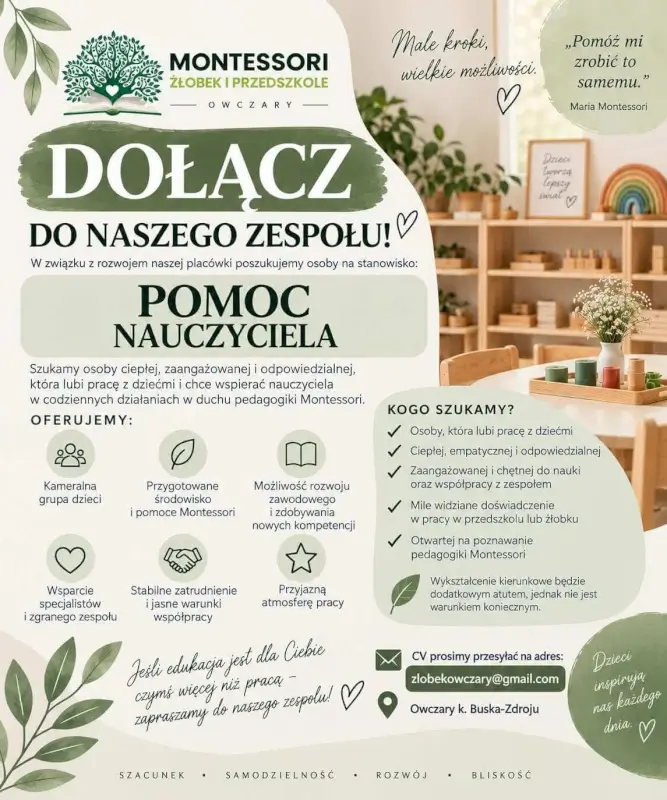 Przedszkole Montessori w Owczarach szuka pomocy nauczyciela