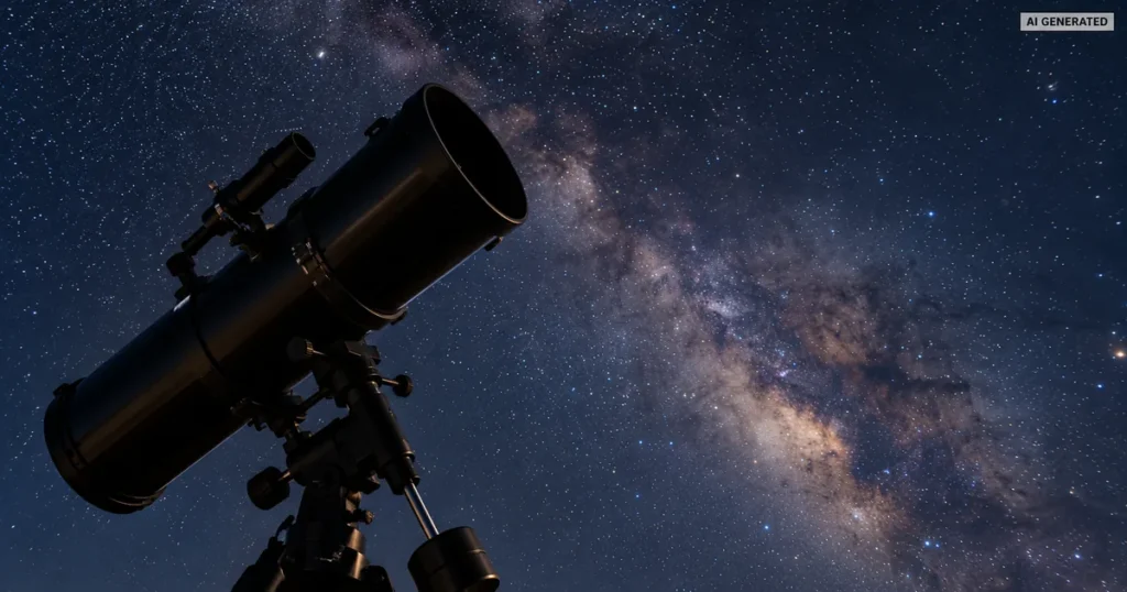 Teleskop na tle gwiazd – ilustracja AI zapowiedzi spotkania z astronomem w Busku-Zdroju
