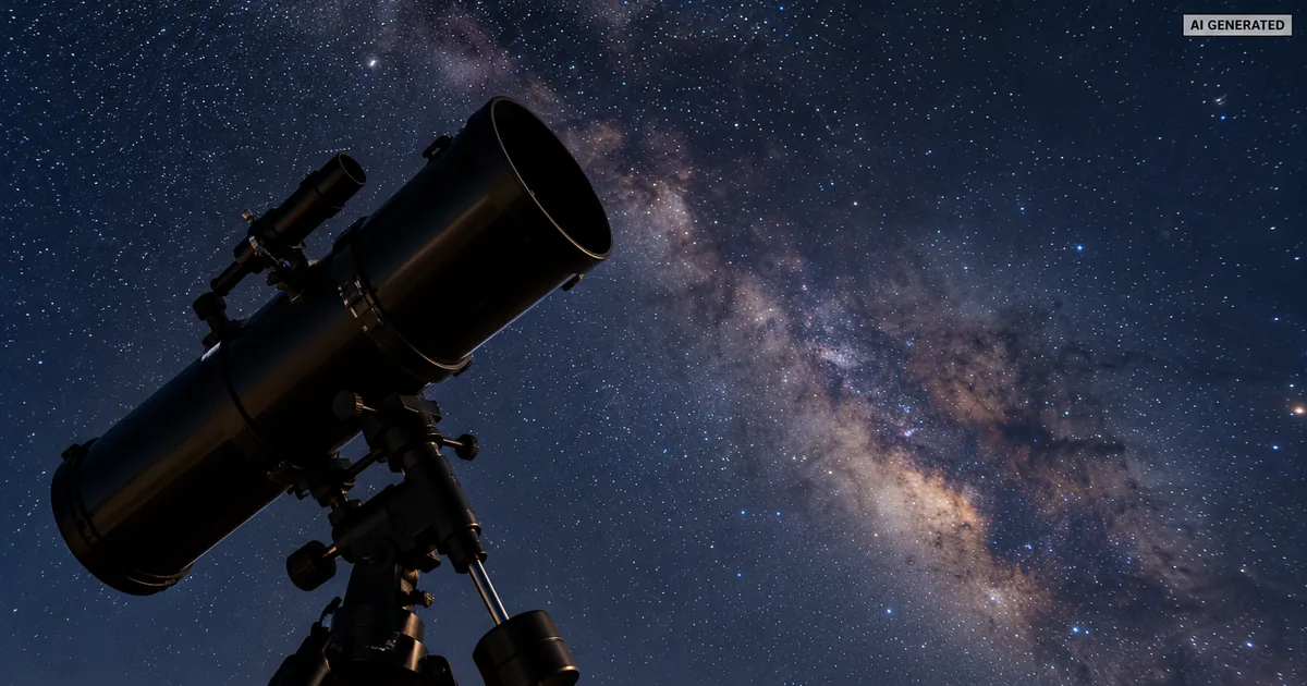 Teleskop na tle gwiazd – ilustracja AI zapowiedzi spotkania z astronomem w Busku-Zdroju