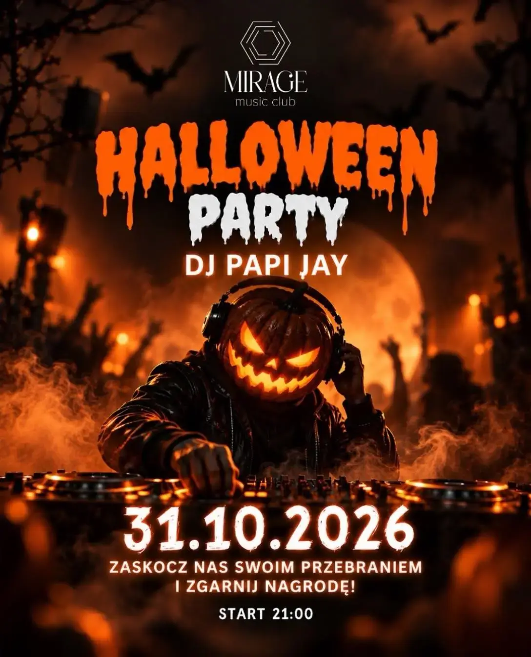 Halloween Party w Mirage Music Club – plakat organizatora