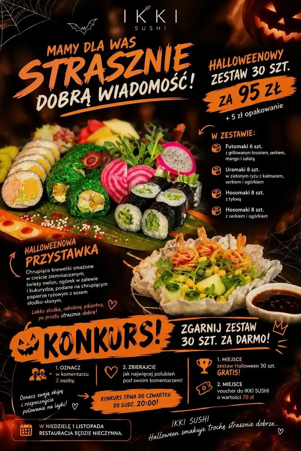 Plakat halloweenowej oferty IKKI SUSHI z zestawem sushi i konkursem