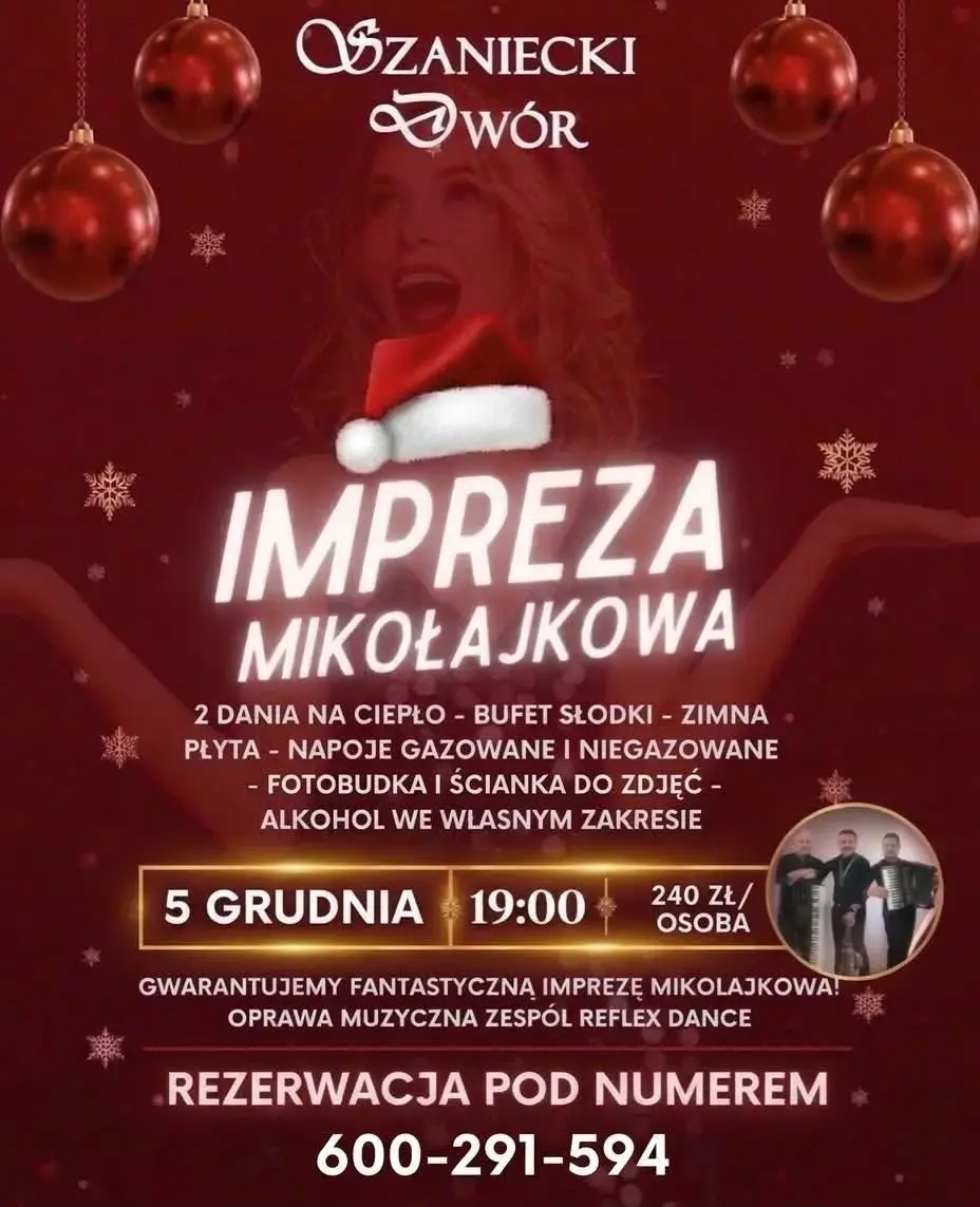 Plakat imprezy mikołajkowej w Szanieckim Dworze 5 grudnia 2026