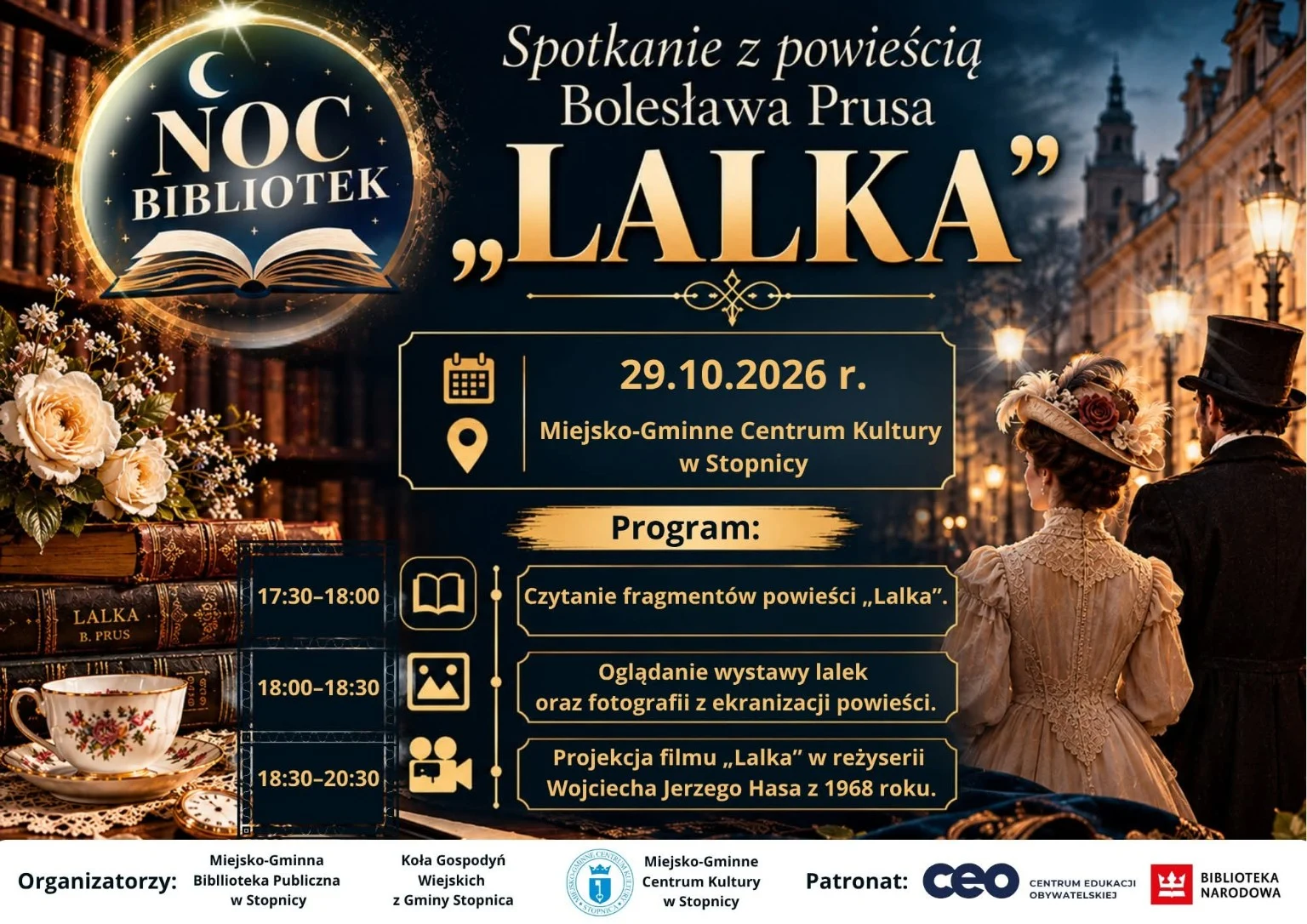 Noc Bibliotek w Stopnicy — pełny plakat wydarzenia