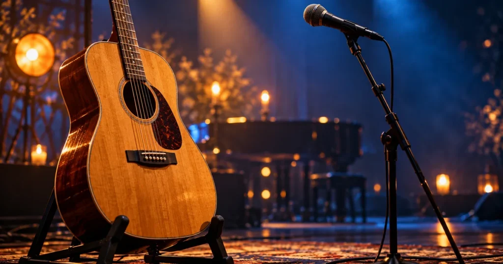 Gitara akustyczna i mikrofon w koncertowym świetle — ilustracja AI