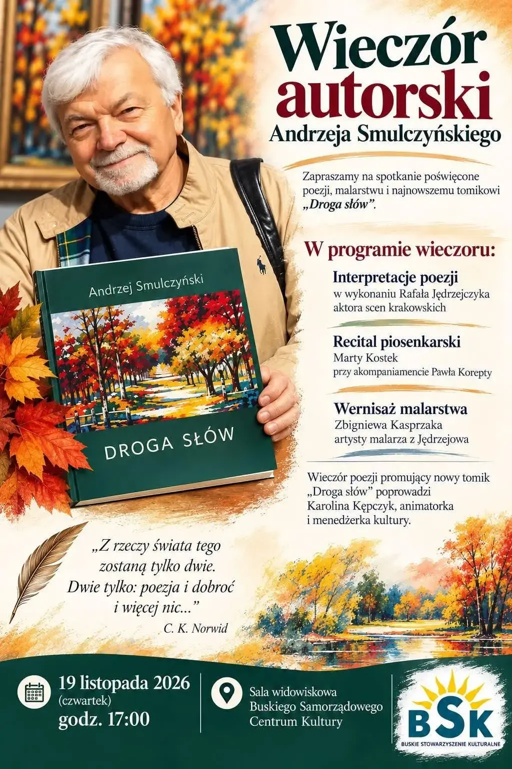 Plakat wieczoru autorskiego Andrzeja Smulczyńskiego – 19 listopada 2026