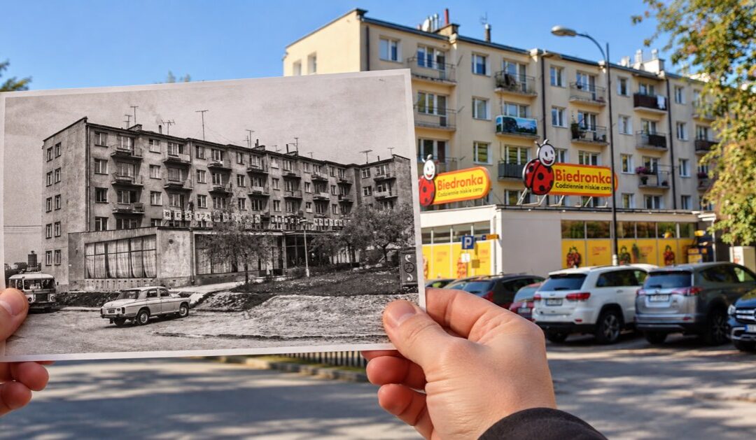 Tak zmieniło się Busko-Zdrój – kiedyś restauracja Urocza, dziś Biedronka.